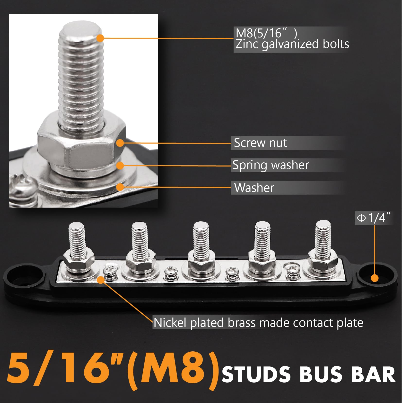 Taxutor 12V Bus Bar Power Distribution Block - 5 Post 300A with 5/16 Battery Terminal Stud & Cover, M8 Wire Lugs